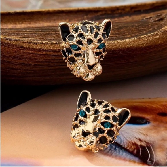 Jewelry - Gold Leopard Head Stud Earrings with Black Spots and Teal Eyes